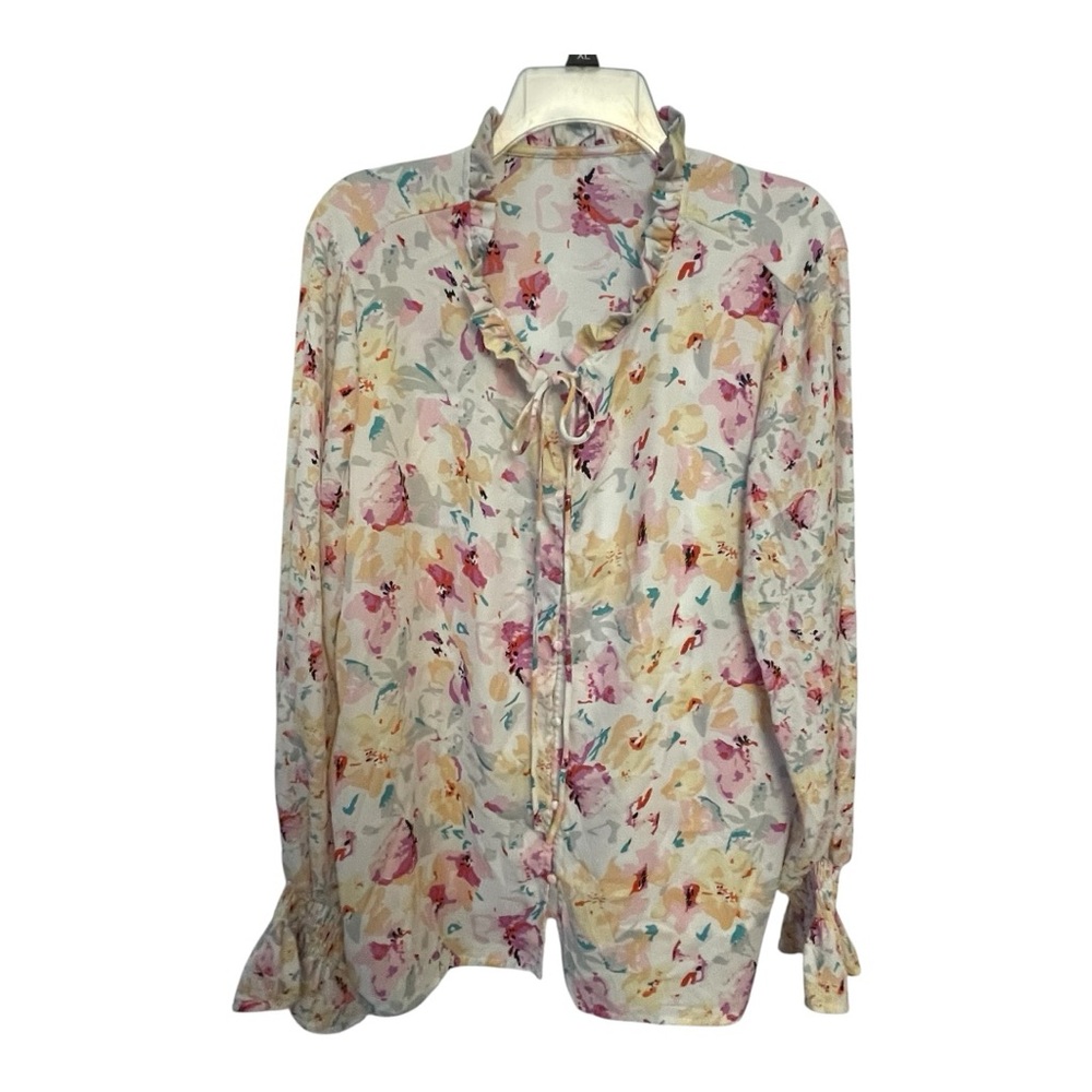 Chic Pink and Yellow Ruffled Long Sleeve Blouse - Picture 2 of 6
